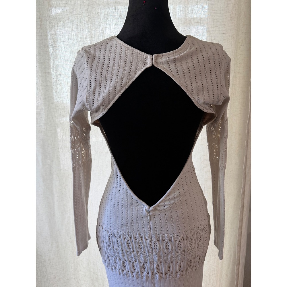 Sky White Crochet Knit Open Back Maxi Dress Long Sleeve Mermaid Gown AH737-9M M - Picture 3 of 10